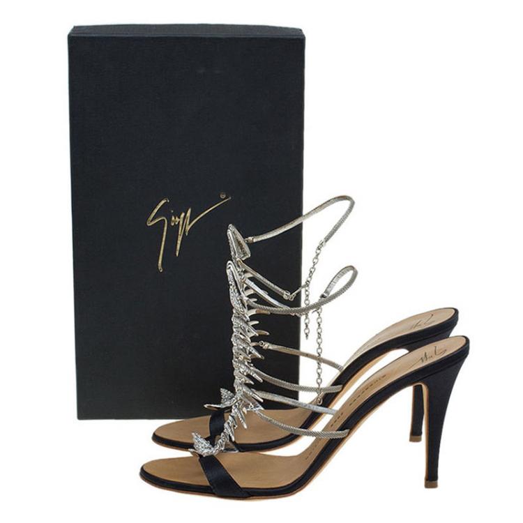 Pre Owned Giuseppe Zanotti Black Satin Crystal Encrusted Fish Bone Embellished Sandals Size 38