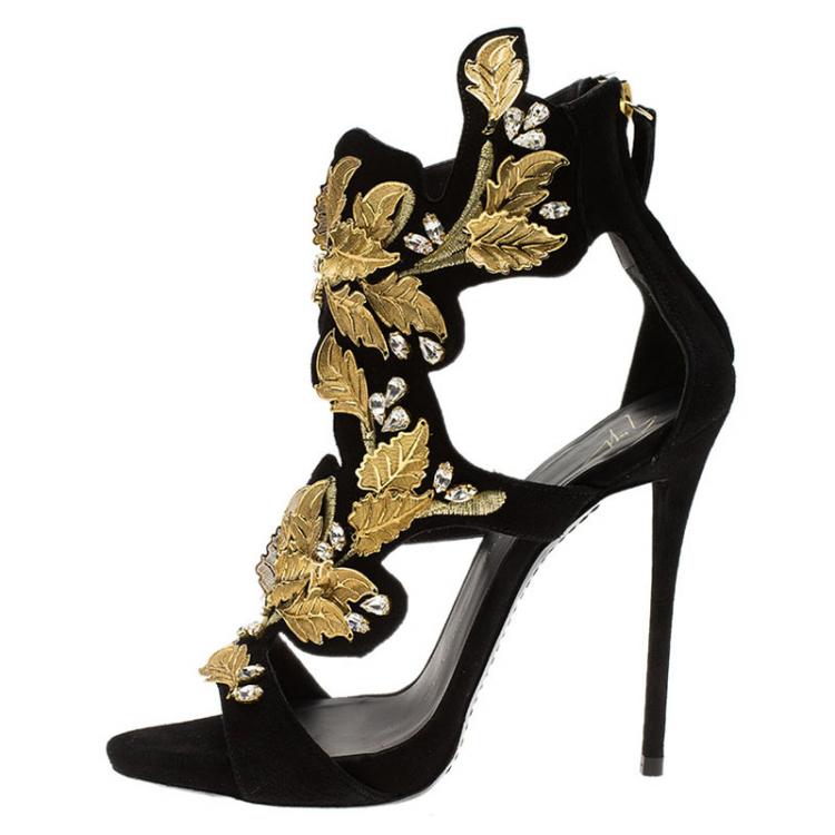 Pre Owned Giuseppe Zanotti Black Suede Coline Crystal And Leaf Embellished Sandals Size 38