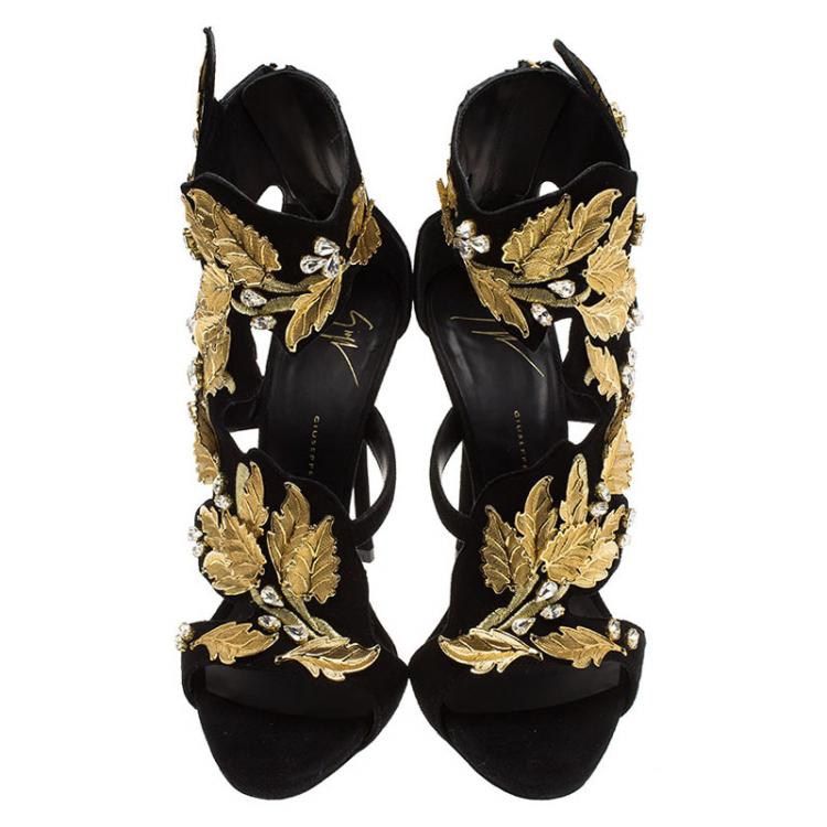 Pre Owned Giuseppe Zanotti Black Suede Coline Crystal And Leaf Embellished Sandals Size 38