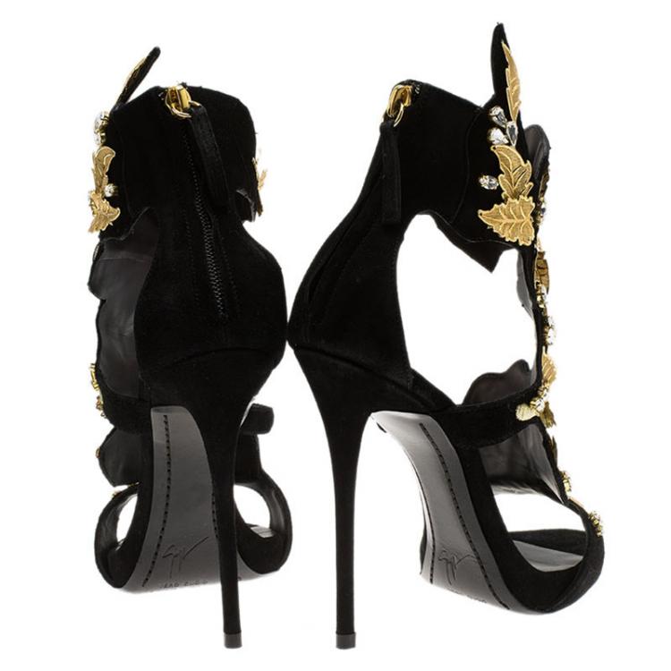 Pre Owned Giuseppe Zanotti Black Suede Coline Crystal And Leaf Embellished Sandals Size 38
