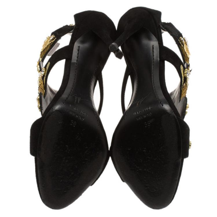 Pre Owned Giuseppe Zanotti Black Suede Coline Crystal And Leaf Embellished Sandals Size 38