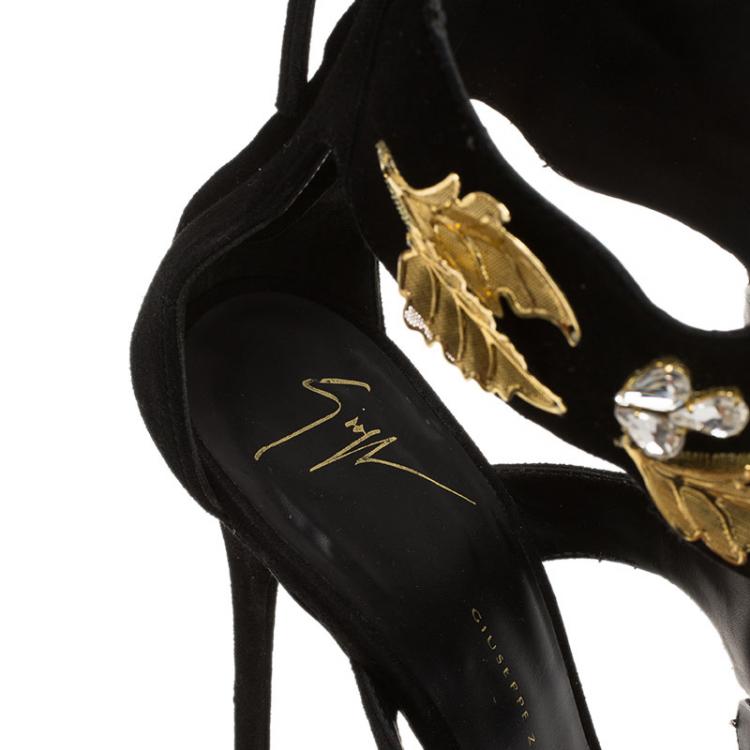 Pre Owned Giuseppe Zanotti Black Suede Coline Crystal And Leaf Embellished Sandals Size 38