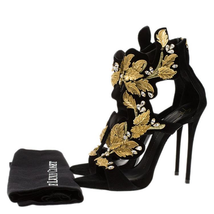 Pre Owned Giuseppe Zanotti Black Suede Coline Crystal And Leaf Embellished Sandals Size 38