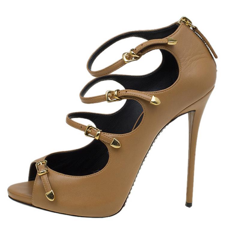 Pre Owned Giuseppe Zanotti Tan Brown Leather Strappy Sandals Size 41