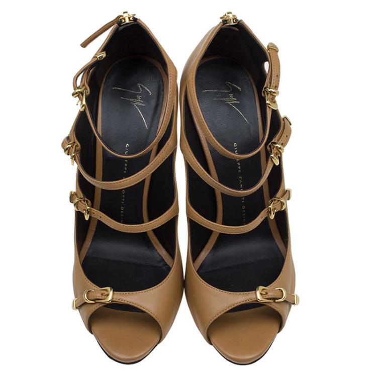 Pre Owned Giuseppe Zanotti Tan Brown Leather Strappy Sandals Size 41