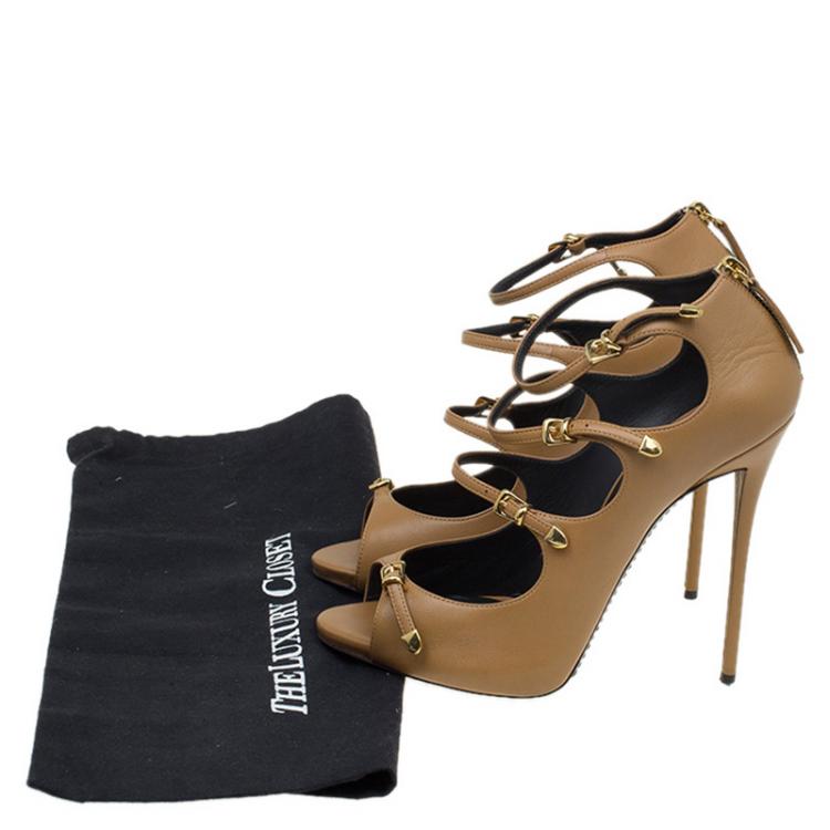Pre Owned Giuseppe Zanotti Tan Brown Leather Strappy Sandals Size 41