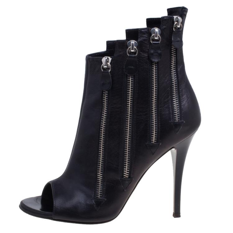 Pre Owned Giuseppe Zanotti Black Leather Multi Zip Ankle Boots Size 38.5