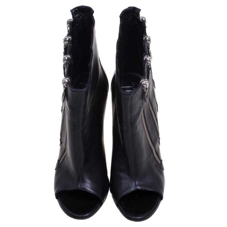 Pre Owned Giuseppe Zanotti Black Leather Multi Zip Ankle Boots Size 38.5