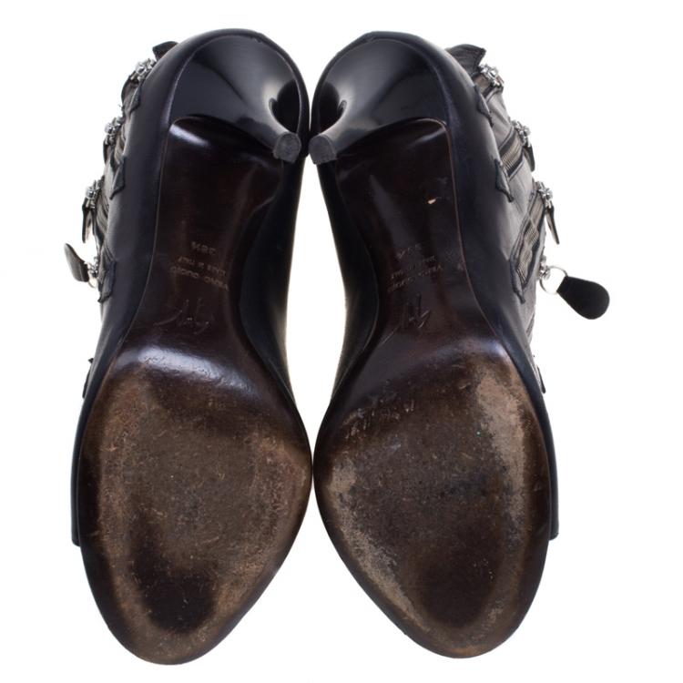 Pre Owned Giuseppe Zanotti Black Leather Multi Zip Ankle Boots Size 38.5
