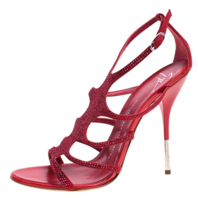 Pre Owned Giuseppe Zanotti Red Crystal Studded Suede Strappy Sandals Size 39