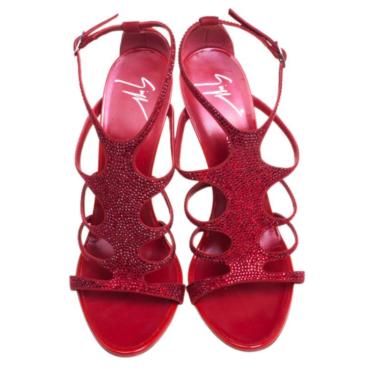 Pre Owned Giuseppe Zanotti Red Crystal Studded Suede Strappy Sandals Size 39