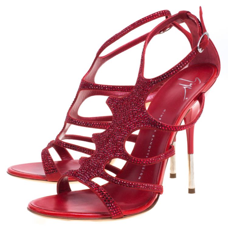 Pre Owned Giuseppe Zanotti Red Crystal Studded Suede Strappy Sandals Size 39