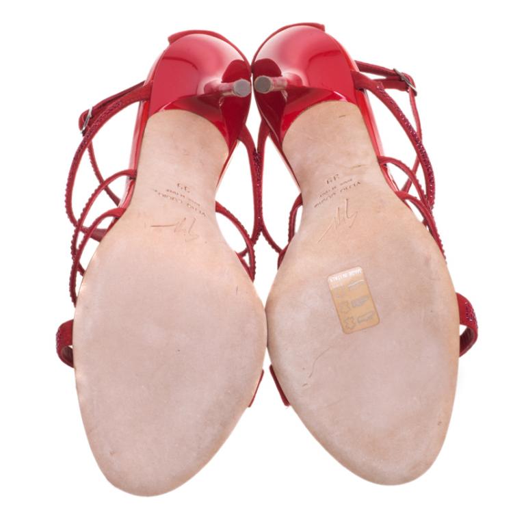 Pre Owned Giuseppe Zanotti Red Crystal Studded Suede Strappy Sandals Size 39