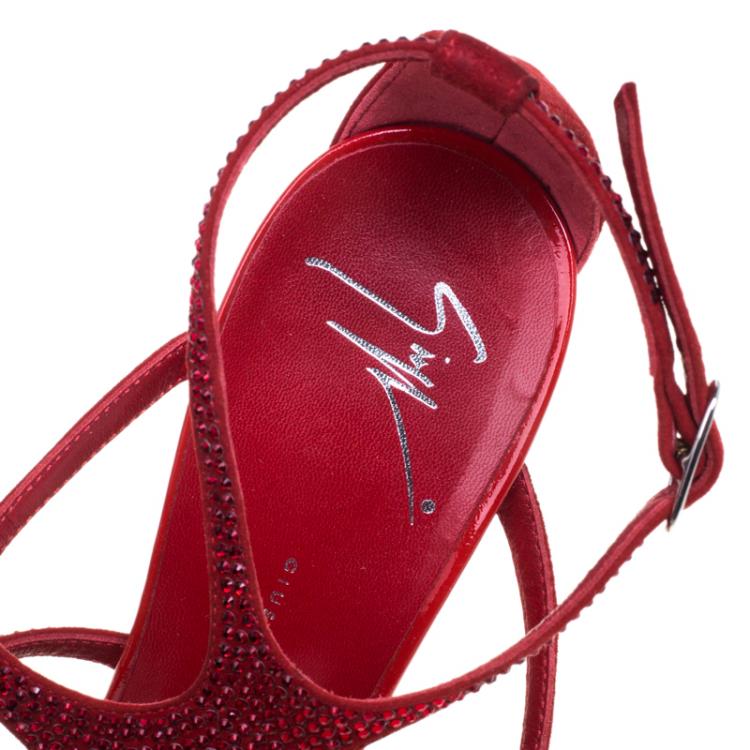 Pre Owned Giuseppe Zanotti Red Crystal Studded Suede Strappy Sandals Size 39