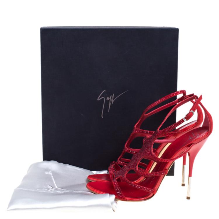 Pre Owned Giuseppe Zanotti Red Crystal Studded Suede Strappy Sandals Size 39