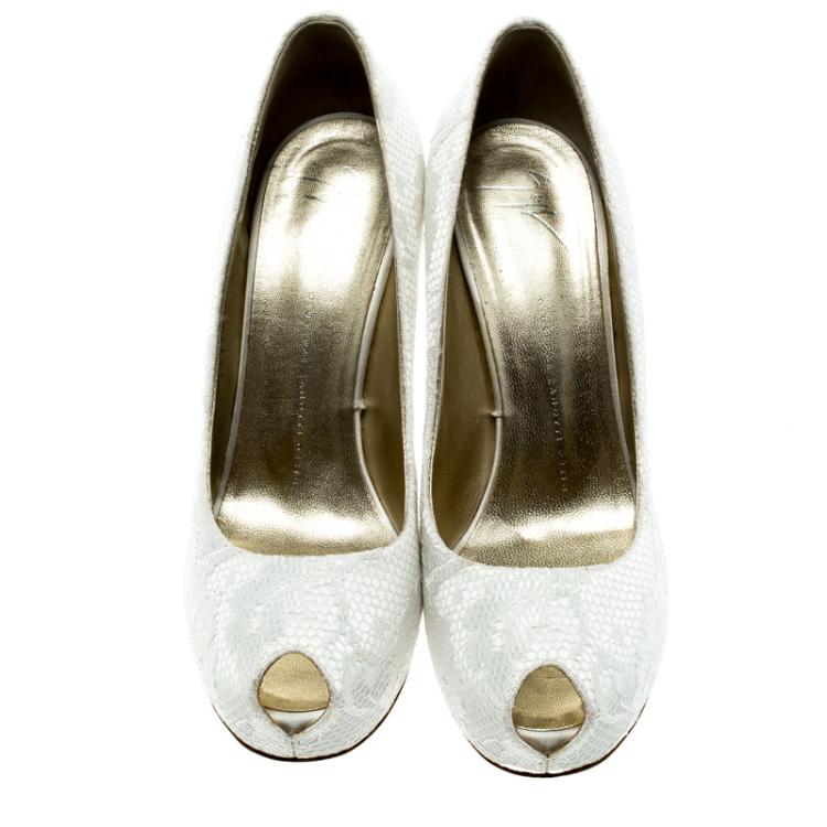 Pre Owned Giuseppe Zanotti White Lace and Satin Peep Toe Platform Pumps Size 40