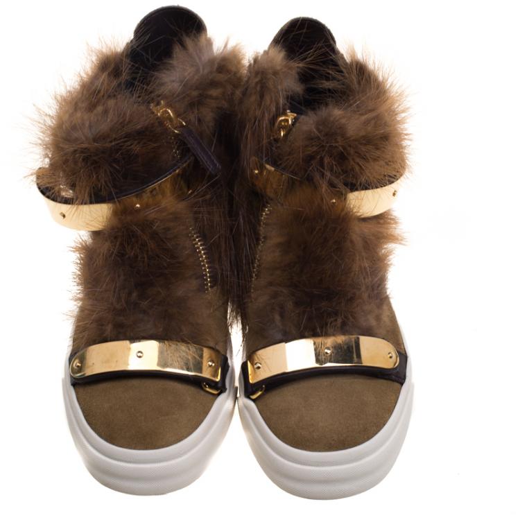 Pre Owned Giuseppe Zanotti Beige Suede Fur Trim High Top Sneakers Size 38