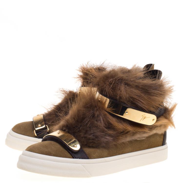 Pre Owned Giuseppe Zanotti Beige Suede Fur Trim High Top Sneakers Size 38