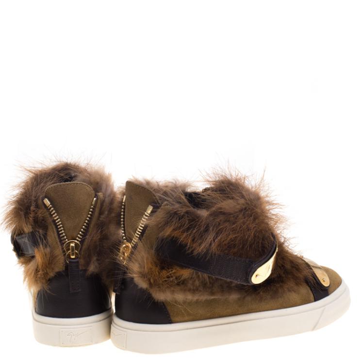 Pre Owned Giuseppe Zanotti Beige Suede Fur Trim High Top Sneakers Size 38