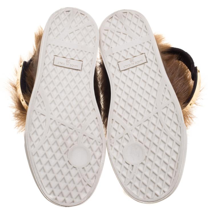 Pre Owned Giuseppe Zanotti Beige Suede Fur Trim High Top Sneakers Size 38