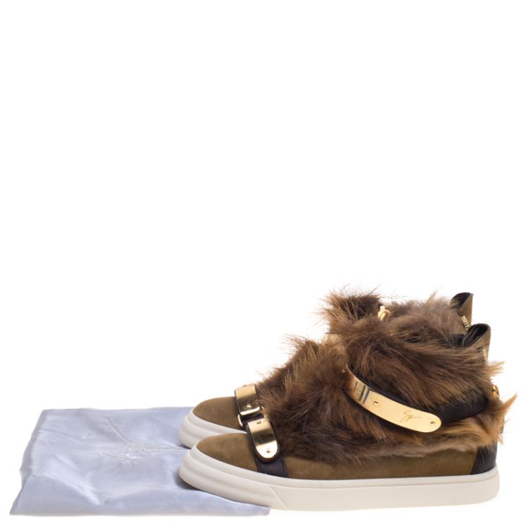 Pre Owned Giuseppe Zanotti Beige Suede Fur Trim High Top Sneakers Size 38