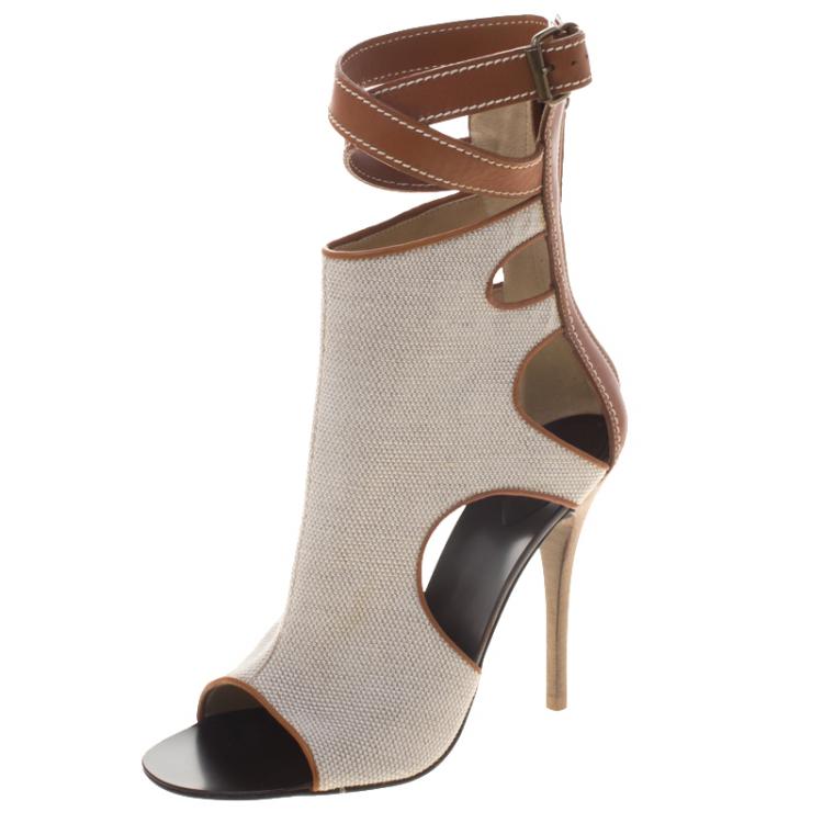 Pre Owned Giuseppe Zanotti Beige Canvas and Leather Ankle Wrap Open Toe Booties Size 36.5