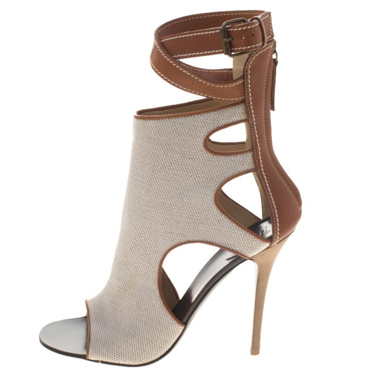 Pre Owned Giuseppe Zanotti Beige Canvas and Leather Ankle Wrap Open Toe Booties Size 36.5
