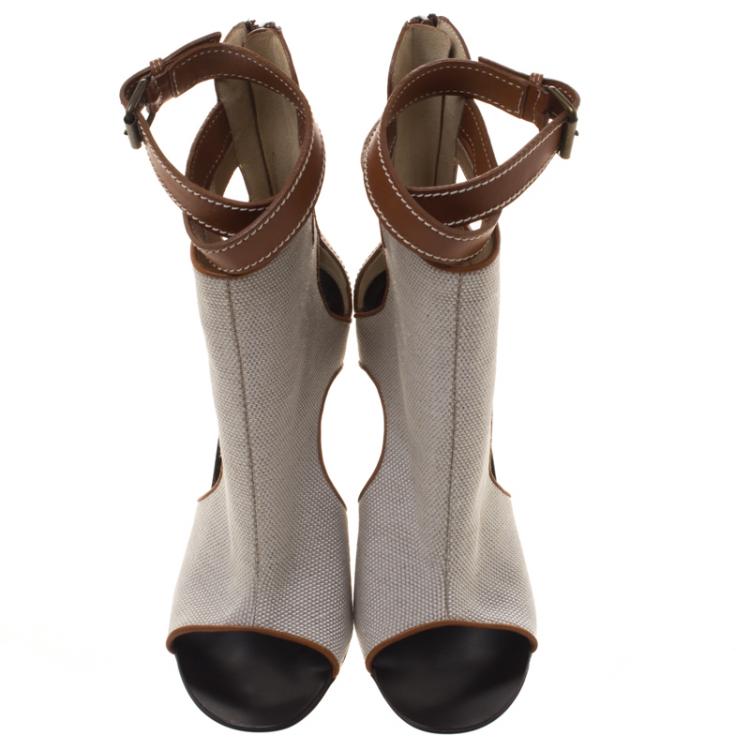 Pre Owned Giuseppe Zanotti Beige Canvas and Leather Ankle Wrap Open Toe Booties Size 36.5