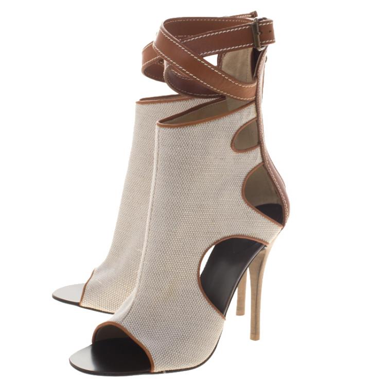 Pre Owned Giuseppe Zanotti Beige Canvas and Leather Ankle Wrap Open Toe Booties Size 36.5