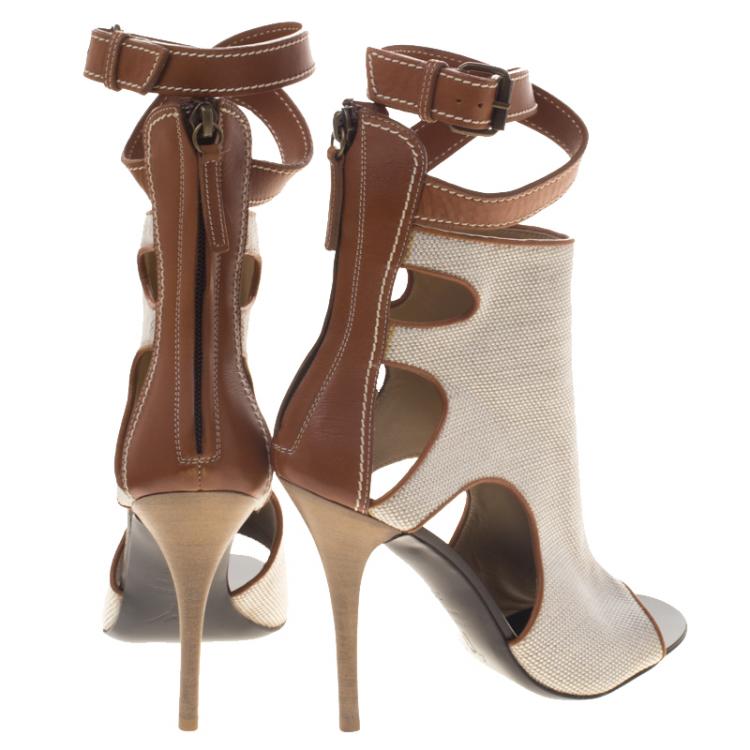 Pre Owned Giuseppe Zanotti Beige Canvas and Leather Ankle Wrap Open Toe Booties Size 36.5