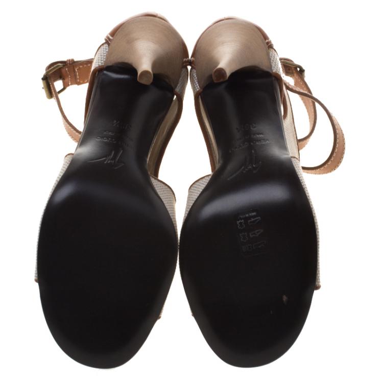 Pre Owned Giuseppe Zanotti Beige Canvas and Leather Ankle Wrap Open Toe Booties Size 36.5