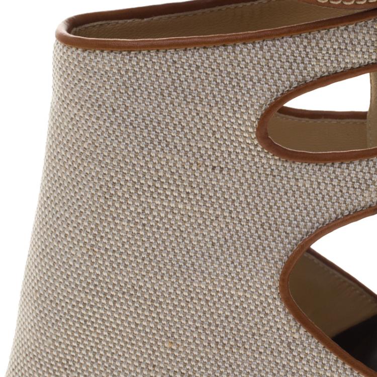 Pre Owned Giuseppe Zanotti Beige Canvas and Leather Ankle Wrap Open Toe Booties Size 36.5