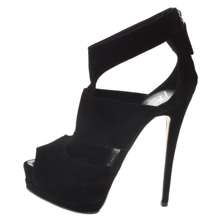 Pre Owned Giuseppe Zanotti Black Suede Cutout Booties Size 36.5
