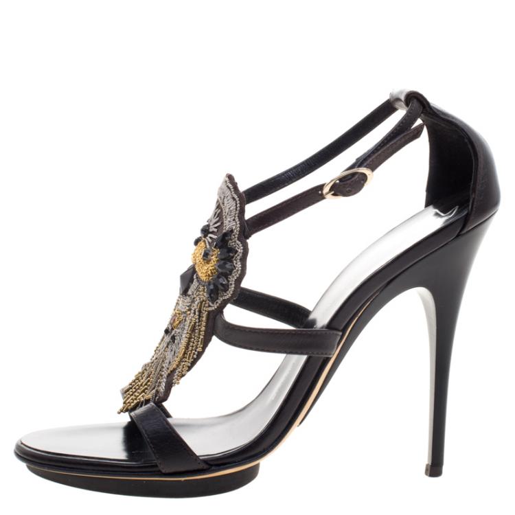 Pre Owned Giuseppe Zanotti Black Crystal and Chain Embellished Leather Strappy Sandals Size 39