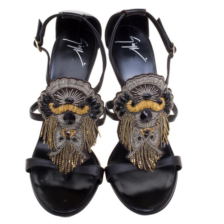 Pre Owned Giuseppe Zanotti Black Crystal and Chain Embellished Leather Strappy Sandals Size 39