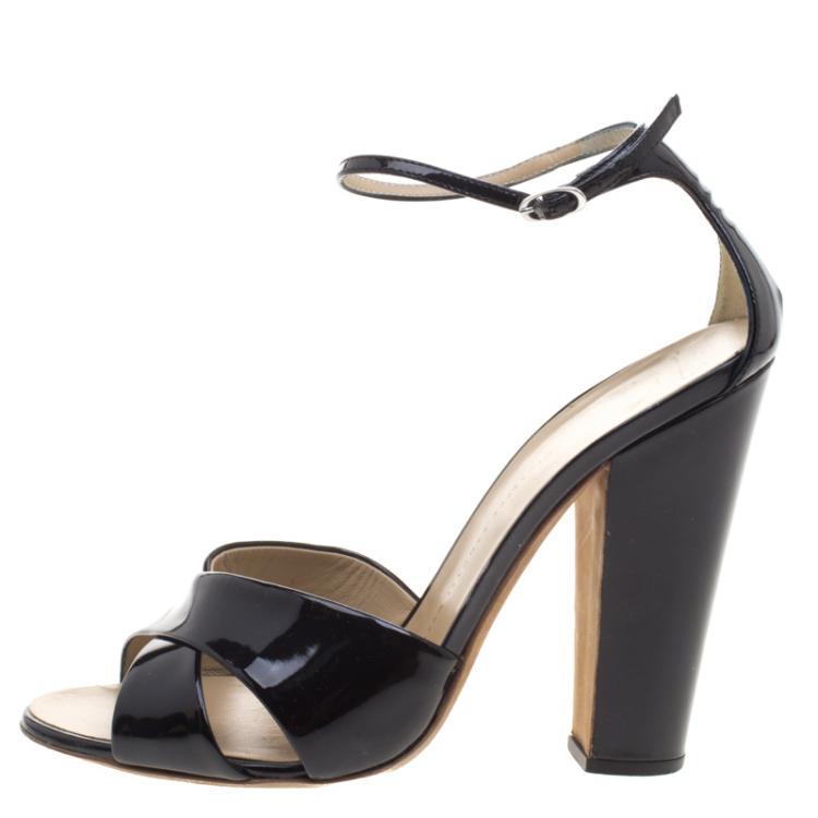 Pre Owned Giuseppe Zanotti Black Patent Leather Cross Strap Block Heel Sandals Size 39