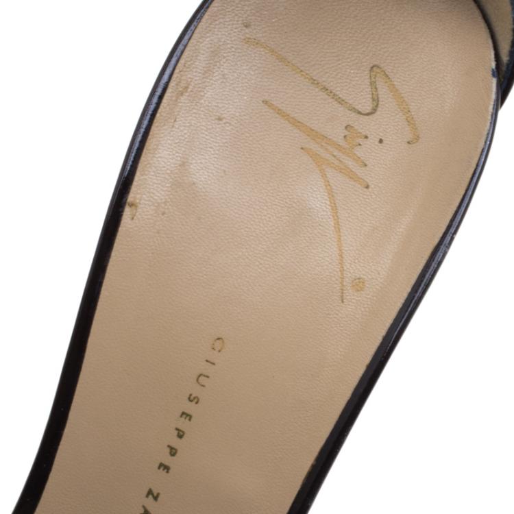 Pre Owned Giuseppe Zanotti Black Patent Leather Cross Strap Block Heel Sandals Size 39