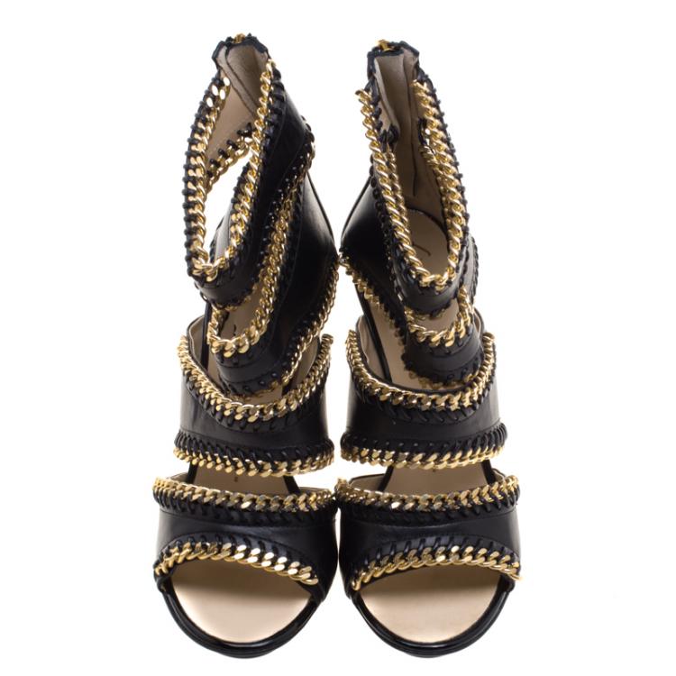 Pre Owned Guiseppe Zanotti Black Leather Chain Embellished Trim Cut Out Sandals Size 40