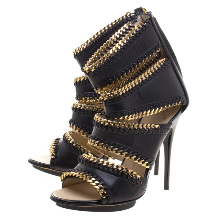Pre Owned Guiseppe Zanotti Black Leather Chain Embellished Trim Cut Out Sandals Size 40