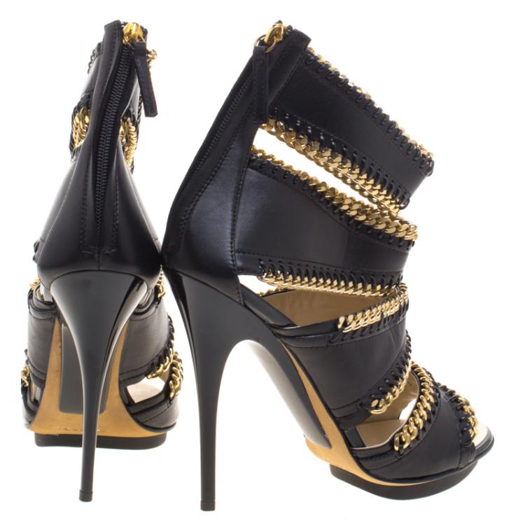 Pre Owned Guiseppe Zanotti Black Leather Chain Embellished Trim Cut Out Sandals Size 40