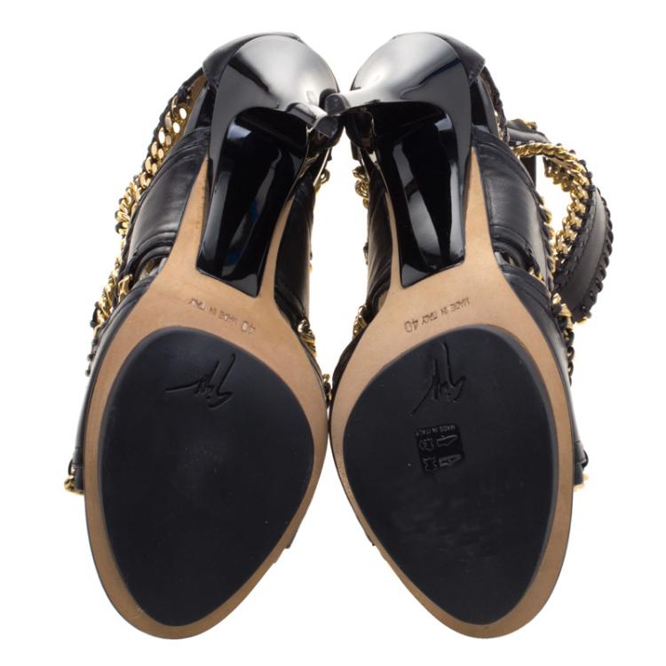 Pre Owned Guiseppe Zanotti Black Leather Chain Embellished Trim Cut Out Sandals Size 40