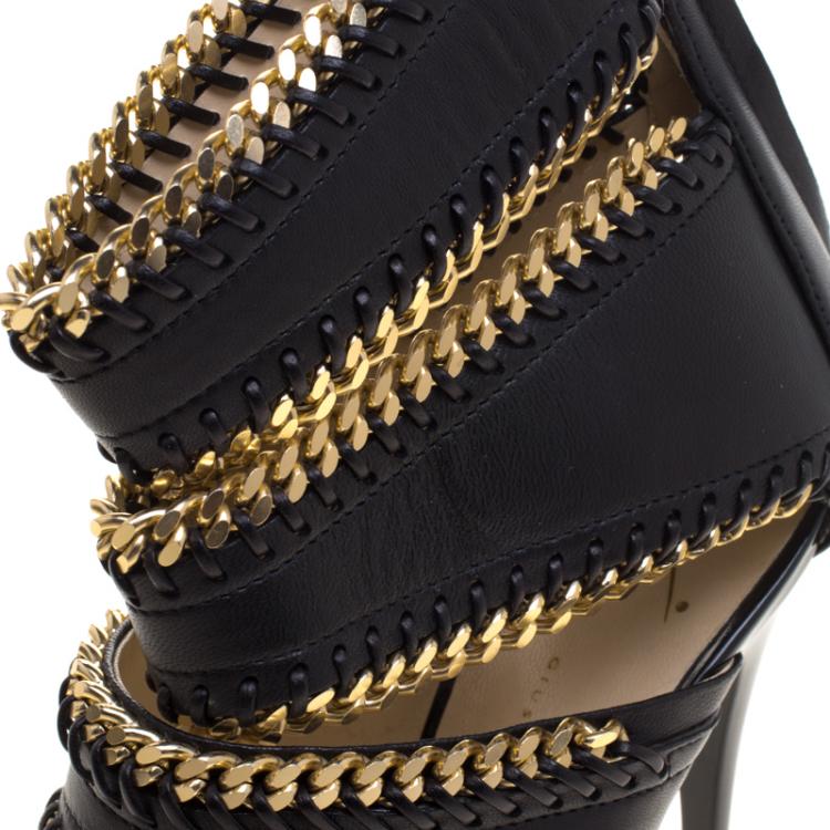Pre Owned Guiseppe Zanotti Black Leather Chain Embellished Trim Cut Out Sandals Size 40