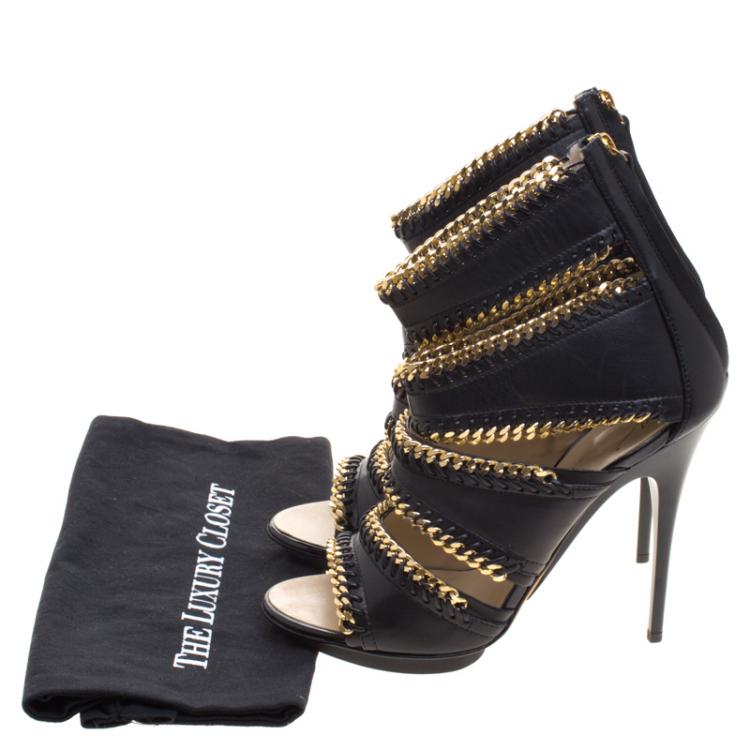 Pre Owned Guiseppe Zanotti Black Leather Chain Embellished Trim Cut Out Sandals Size 40