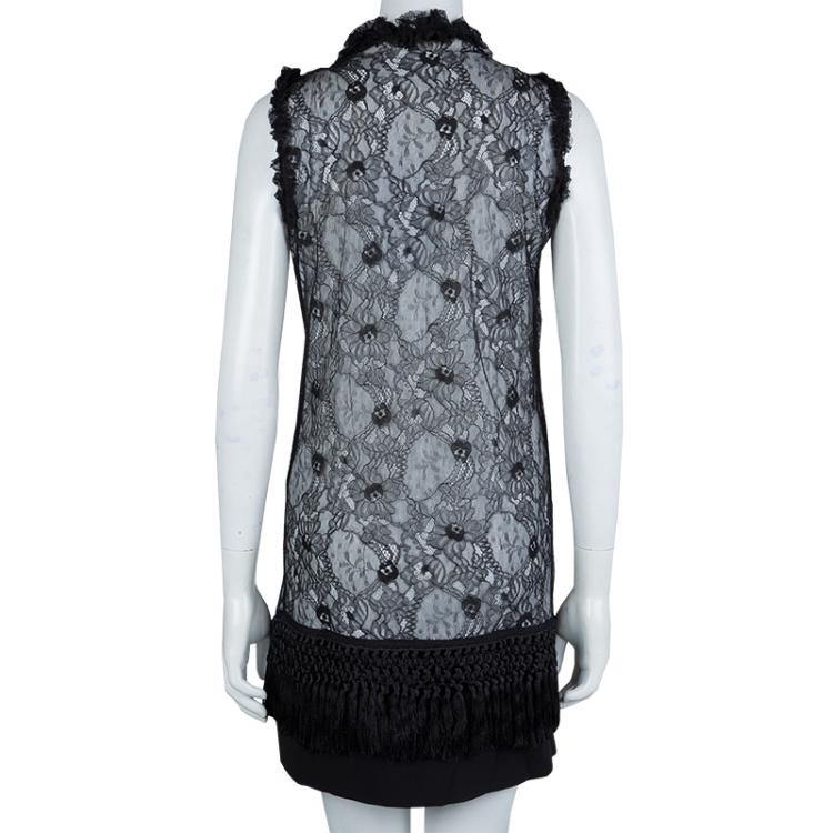 Pre Owned Givenchy Black Lace Beaded Necklace Detail Tassel Bottom Sleeveless Dress M