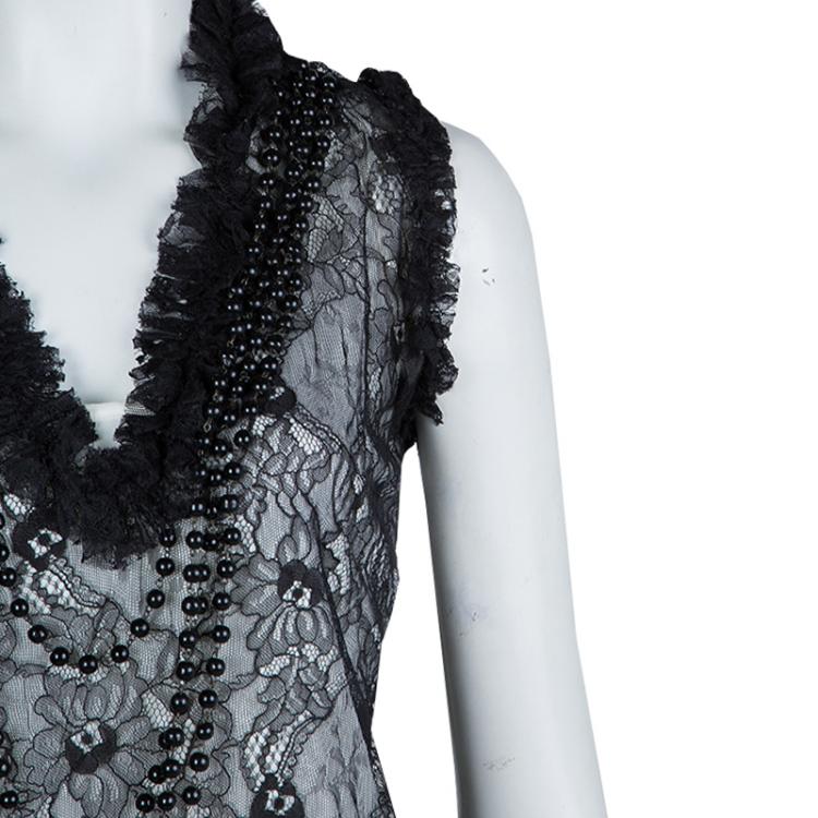Pre Owned Givenchy Black Lace Beaded Necklace Detail Tassel Bottom Sleeveless Dress M