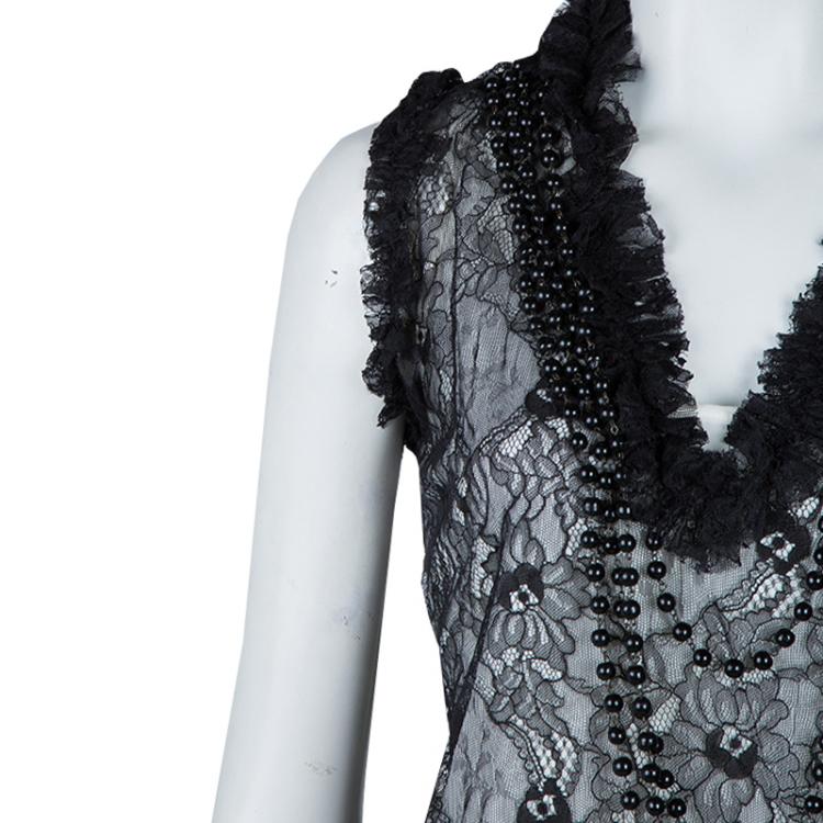 Pre Owned Givenchy Black Lace Beaded Necklace Detail Tassel Bottom Sleeveless Dress M