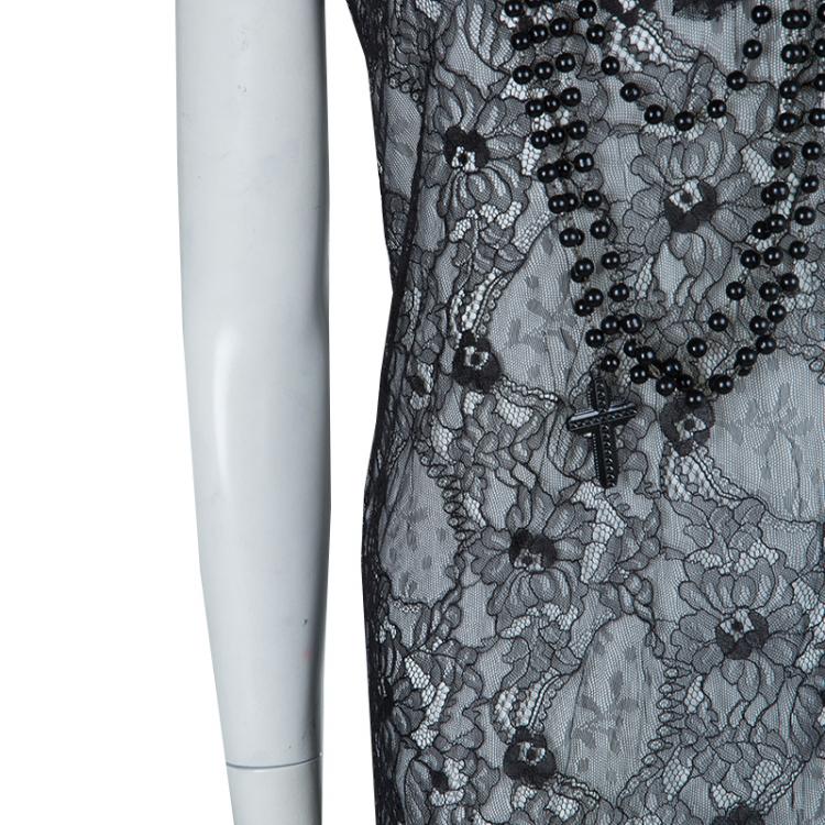 Pre Owned Givenchy Black Lace Beaded Necklace Detail Tassel Bottom Sleeveless Dress M