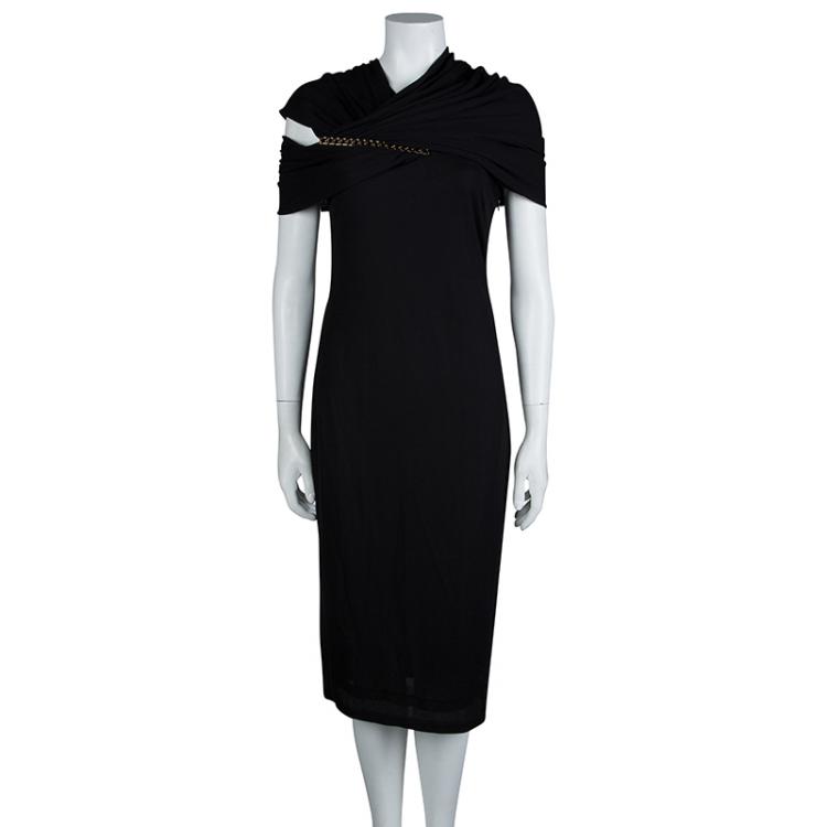 Pre Owned Givenchy Black Knit Draped Shoulder Fitted Midi Dress M