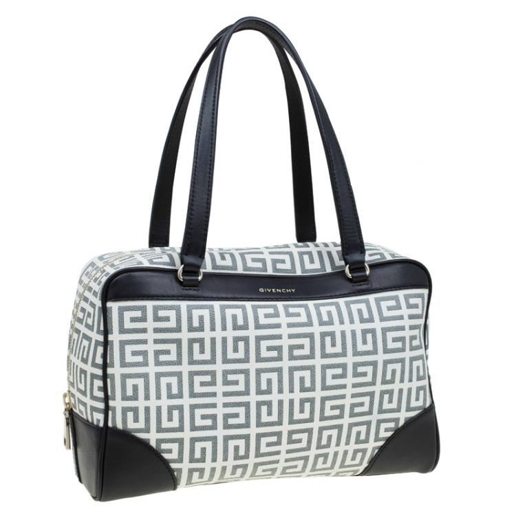 Pre Owned Givenchy Beige/Black Coated Canvas Logo Print Boston Bag