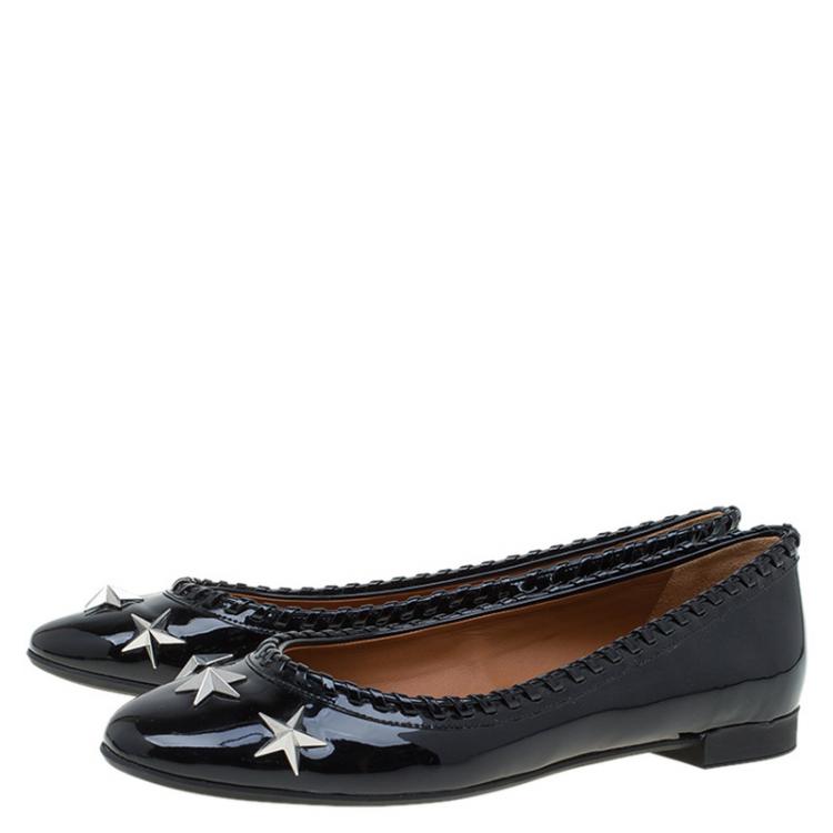 Pre Owned Givenchy Black Patent Whipstitch Detail Star Studded Ballet Flats Size 38